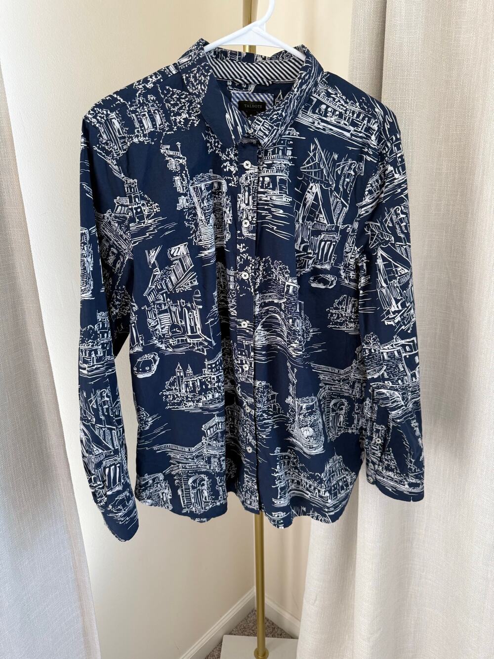 Talbots Button-up Shirt Women's Size XL Navy Blue Novelty Print Long Sleeves